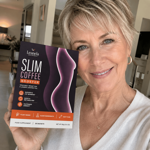Frau hält eine Packung Leanela Slim Coffee Booster in ihrer Küche