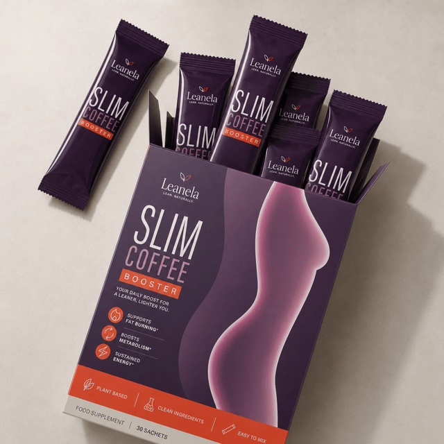 Geöffnete Leanela Packung mit einzeln verpackten Slim Coffee Booster Sachets